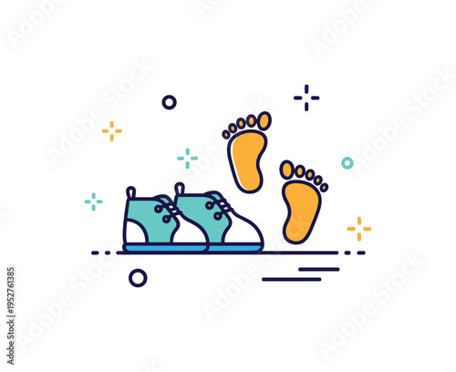 Proud parent milestone badge illustrated by a tiny pair of shoes placed beside small footprints, symbolizing readiness and growth. The balanced icon scene