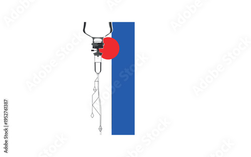 Black and white close-up of IV drip bag suspended above, bold red circular accent near drip chamber, blue vertical stripe dividing composition, thin