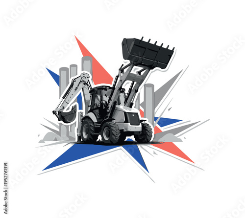 Black and white backhoe loader digging with front bucket raised, abstract cylindrical columns and angular shards symbolizing construction progress, ultramarine