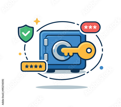 Password manager a secure vault icon with a key sliding into place while small password symbols and shield elements orbit around it, expressing the idea of