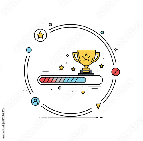 Gamified loyalty program with a progress bar and trophy icon symbolizing milestone achievements and engagement incentives. Clean circular framing creates a