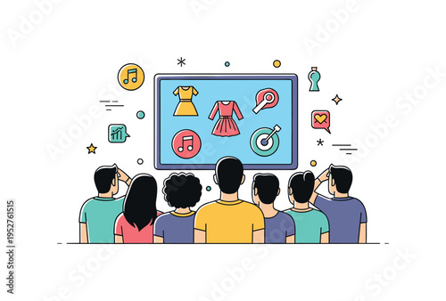 Cultural trends influence group of small human silhouettes looking toward a large screen displaying fashion and music icons. A concise editorial badge about