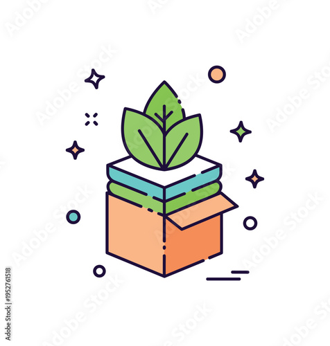 Plant based packaging materials visualized through a small box formed from layered leaf shapes, symbolizing renewable resources and innovative design. The