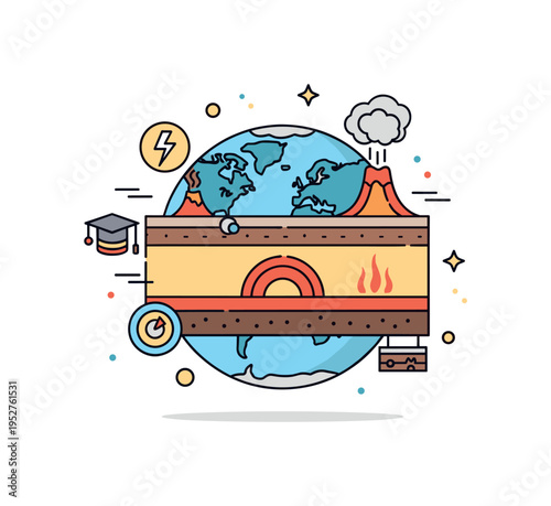 Interactive-style Earth layers with small icons representing earthquakes, volcanoes, and core heat, highlighting geological activity and educational context.