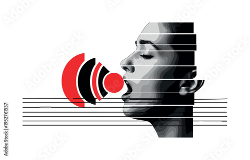 Black and white fragmented human face singing with visible emotion, bold red circle intersecting the mouth area symbolizing voice projection, thin black