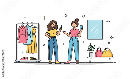 Trying on casual outfits with a friend in a boutique, sharing laughter and suggestions while checking reflections, emphasizing social enjoyment and fashion
