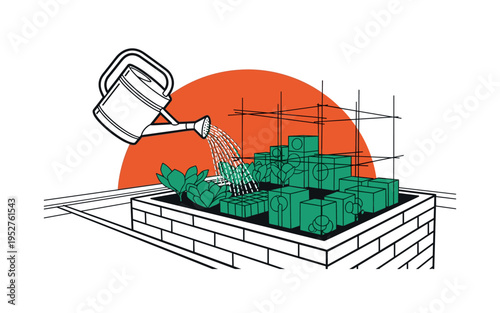 Black and white watering can pouring onto rooftop planter box, bold burnt orange semicircle behind the action, emerald green geometric blocks forming stylized