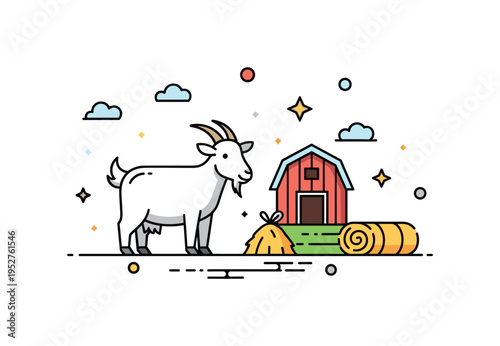 Goat farming illustration built around a playful goat silhouette with small barn accent and hay bale detail, expressing rural productivity and farm character.