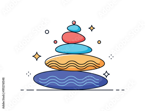 Natural harmony concept illustrated with balanced pebble shapes and gentle wave lines stacked in stable arrangement, symbolizing calm and organic structure.