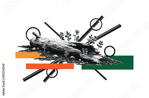 Black and white fallen log resting on forest floor with small plants emerging, diagonal lines and circular halos emphasizing life and decay cycle, vivid orange