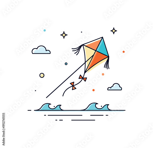 Kite flying beach breeze scene shown as a kite rising above a minimal horizon line with small wave accents, expressing seaside fun and open sky freedom. The
