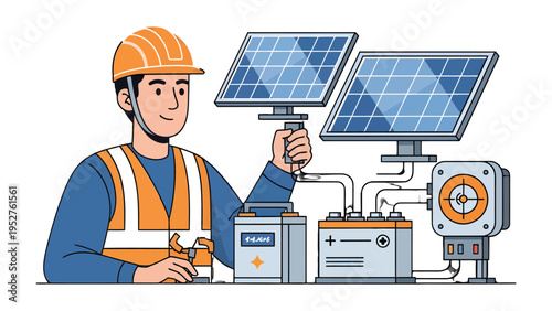 Solar Panel Technician: A skilled technician, equipped with a safety helmet and vest, installs solar panels, symbolizing the sustainable energy.