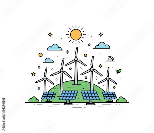 Renewable energy farms landscape with a row of wind turbines and solar panels arranged around a small green hill, bright sun icon above symbolizing clean power