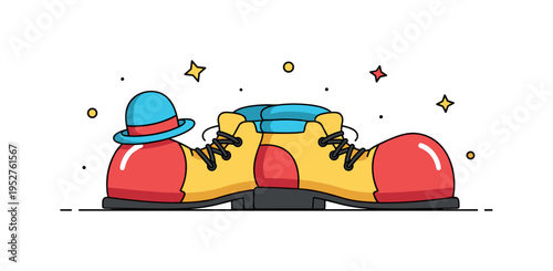 Funny clown shoes concept featuring oversized rounded shoes placed beside a small hat expressing classic comedy style and exaggerated performance. Balanced