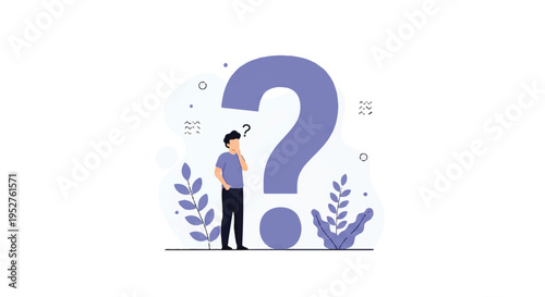 Vector flat design illustration of a man standing thoughtfully next to a large question mark with plants around him in a simple, stylized scene.
