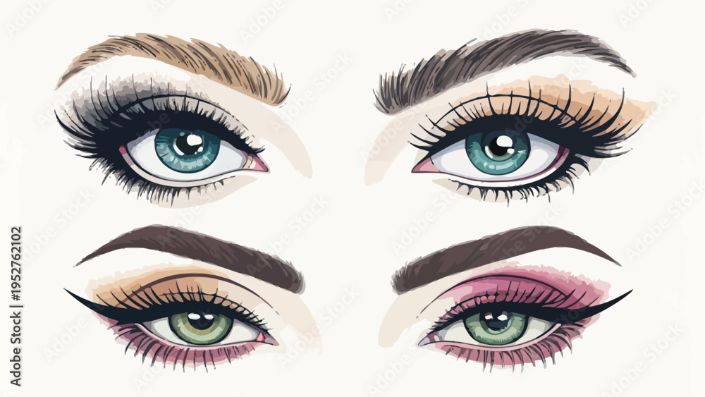 Fototapeta premium Four different eye makeup looks with various eyeliner styles and colorful eyeshadows on blue eyes