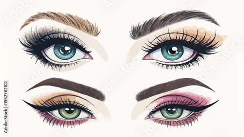 Four different eye makeup looks with various eyeliner styles and colorful eyeshadows on blue eyes