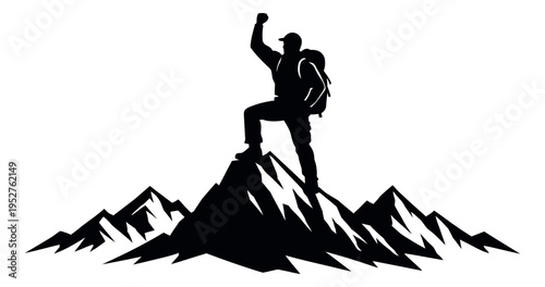 Graphic illustration of a mountaineer depicting triumph with a raised arm on a mountain peak for adventure and success concepts