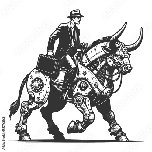 businessman riding a mechanical bull made of gears sketch engraving generative ai fictional character vector illustration. Scratch board imitation. Black and white image.