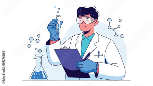 Scientist's Breakthrough: A dedicated scientist meticulously examines a vial in a laboratory, surrounded by molecular structures and flasks, symbolizing scientific discovery and innovation.