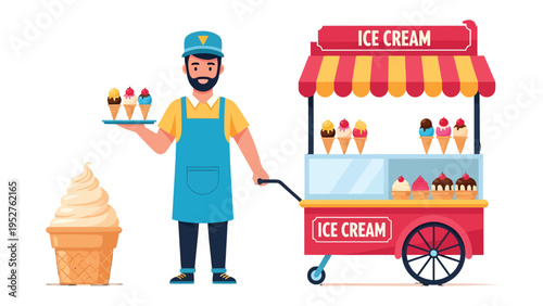 Ice Cream Vendor's Delight: A smiling vendor presents a variety of colorful ice cream cones next to his vibrant ice cream cart, offering a sweet treat for everyone.