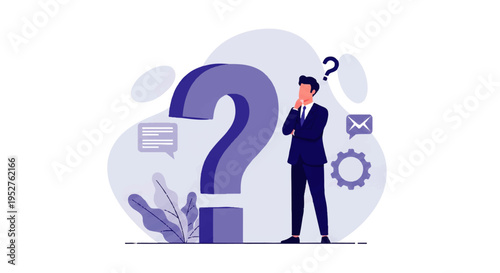 Vector flat design illustration of a businessman in a suit standing thoughtfully next to a large question mark with various icons in a simple background.