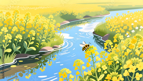 Rapeseed flowers by a crystal clear stream in spring