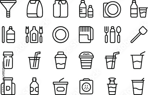 Minimal food and beverage packaging line icons set, kitchen utensils, reusable containers, bottles, cups, eco lifestyle symbols collection