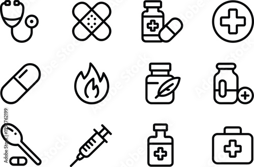 Minimal medical and healthcare line icon set with medicine pills syringes first aid hospital treatment symbols isolated on white background