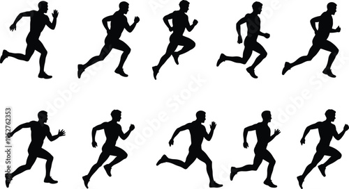 Running, man, silhouettes, runner, sprint, jogging, athlete, fitness, training, sport, movement, speed, exercise, marathon, active, people, black, icon, set, collection
