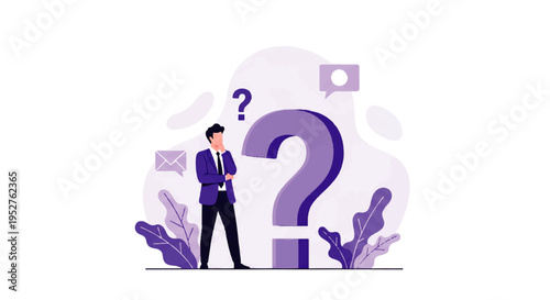 Vector flat design illustration of a thoughtful businessman standing next to a large question mark with purple and light purple elements in the background.