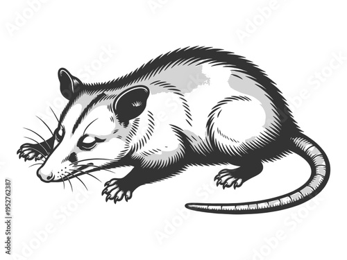 opossum in defensive pose, its famous playing dead behavior used for survival in the wild sketch engraving generative ai vector illustration. Scratch board imitation. Black and white image.