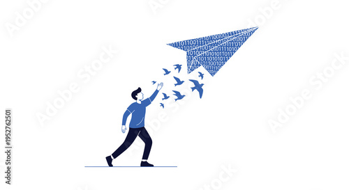 A man dressed in a blue shirt and dark pants launches a paper airplane made of binary code, with several blue birds flying alongside.