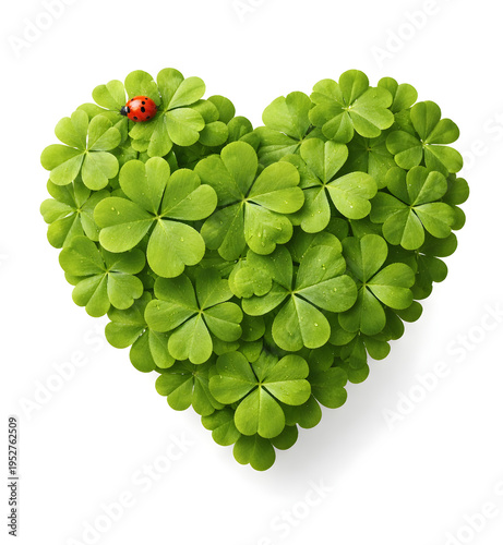 Herz aus frischen grünen Kleeblättern mit Marienkäfer auf weißem Hintergrund – Symbol für Glück, Natur, Liebe und Frühling, minimalistische Naturkomposition.