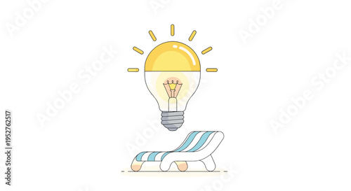 A half-lit yellow lightbulb shines above a light blue and white striped beach lounge chair on a simple sandy ground.