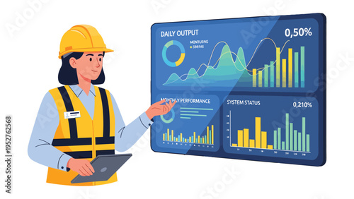 Female Engineer Analyzing Data Visualization: A female engineer stands confidently, analyzing intricate data visualization displayed on a modern interface.