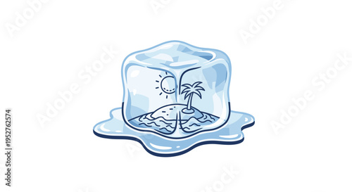 A transparent ice cube, slightly melting into a puddle, encases a miniature tropical island scene with a palm tree and sun.