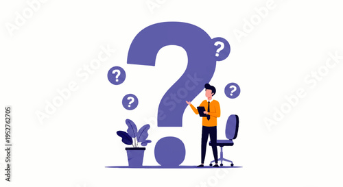 Vector flat design illustration of a man thinking with a large question mark and potted plant in a simple, modern style.