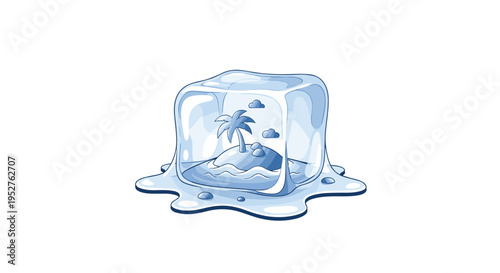 A translucent blue ice cube, actively melting into a puddle, encloses a small tropical island with a lone palm tree and two rocks, isolated on a white background.