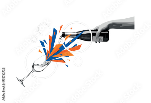 Black and white hand pouring champagne into a tilted glass, geometric burst of flat orange and deep blue shapes replacing liquid splash, circular halos