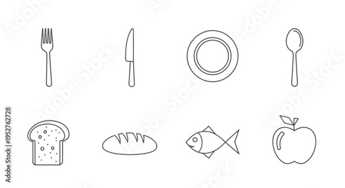 essential food and kitchen utensil outline icons on a clean white background perfect for illustrating healthy eating and cooking concepts.