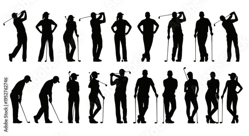 golfers silhouettes in various dynamic poses and golf swing actions perfect for illustrating the popular recreational sport.