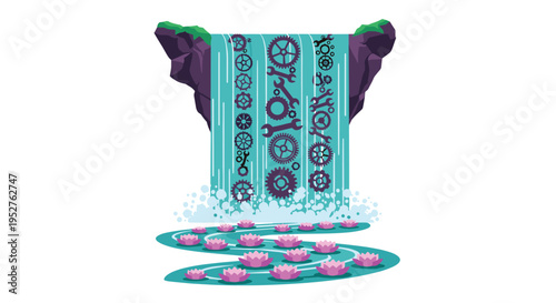A stylized waterfall with blue water, dark gears, and wrench icons flows from two rocky cliffs into a winding river below, adorned with numerous pink lotus flowers.