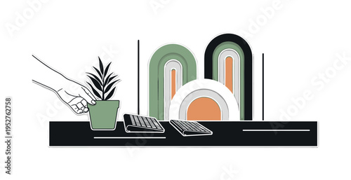 A monochrome close-up of a hand holding a serving spoon lifting stuffing, crumbs stylized as floating geometric dots and cylinders, clean linear elements