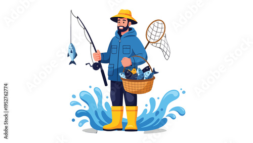 Gone Fishing: A fisherman stands amidst a splash of water, with his fishing rod and basket full of his catch. This graphic highlights the thrill and relaxation of the pastime.