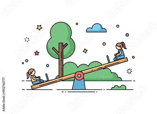 Park playground equipment illustrated with a seesaw and small tree backdrop arranged in a tidy balanced layout, expressing teamwork and simple childhood