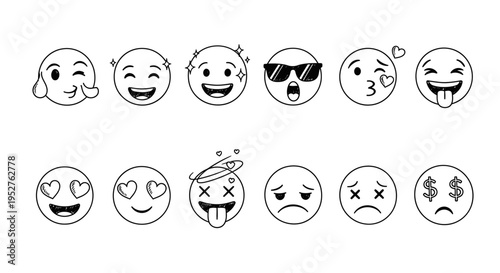 hand drawn emojis doodle set illustrating various human facial expressions and emotional range ideal for graphic design and communication elements.