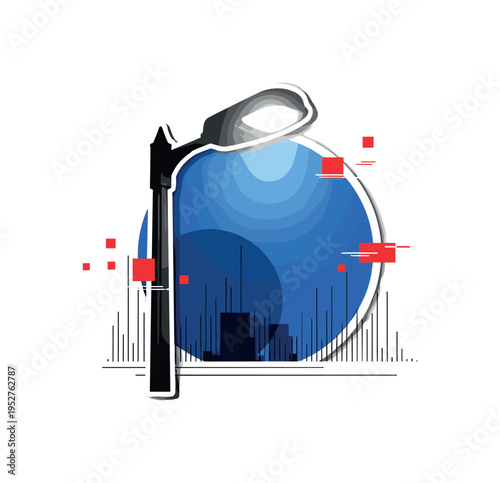 Realistic monochrome street lamp glowing brightly in early dusk atmosphere, highlighted by a blue semicircle positioned behind and small red square accents