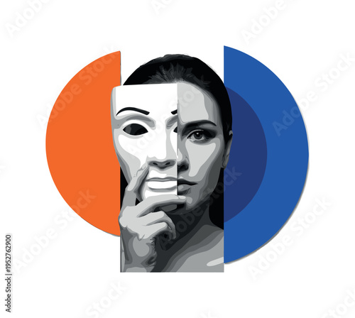 Black and white theatrical mask held up to a face, abstract geometric blocks splitting the composition vertically, bright orange and ultramarine flat