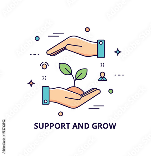 Symbolic gesture two hands forming a protective circle around a small sprouting plant, symbolizing support, growth, and nurturing care within a clean